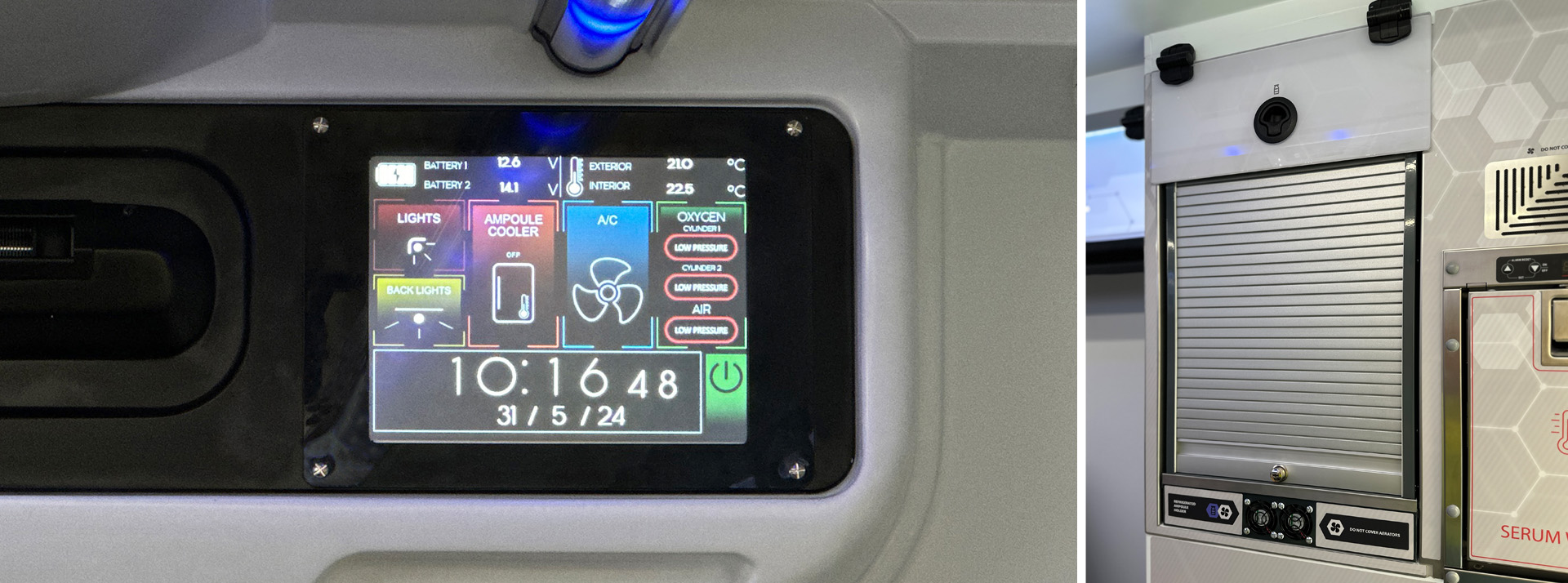 CARLA 4.0 10in main touch screen for controlling ambulance functions. Removable refrigerated ampoule box controlled by CARLA